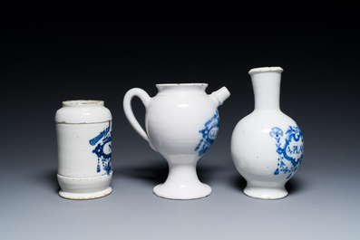 Three Dutch Delft blue and white pharmacy jars, 18th C.