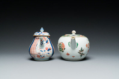 Two Chinese famille verte and Imari-style teapots and two saucers, Kangxi and later