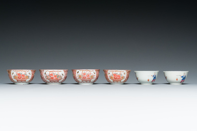 Ten Chinese blue, white, famille rose and Dutch-decorated cups and nine saucers, Kangxi and later