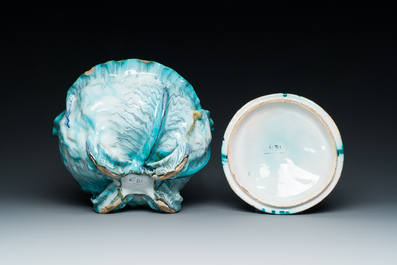 A polychrome Brussels faience 'caterpillars' tureen and cover on a 'butterfly' stand, 18th C.