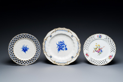Three porcelain dishes with floral design, Tournai and The Hague, 18th C.