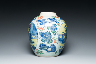 A Chinese wucai 'kylin and sage' jar, Zhao 朝 seal mark, Transitional period