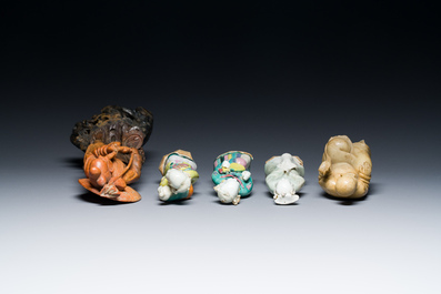Two Chinese soapstone sculptures and three porcelain figures of ladies, Kangxi and later