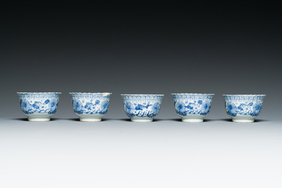 Ten Chinese blue, white, famille rose and Dutch-decorated cups and nine saucers, Kangxi and later