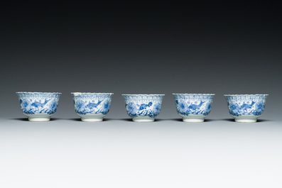 Ten Chinese blue, white, famille rose and Dutch-decorated cups and nine saucers, Kangxi and later