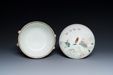A Chinese qianjiang cai dish with Dai Yucheng 戴裕成 seal mark and a covered bowl, signed Yu Luchang 余吕昌 and dated 1885