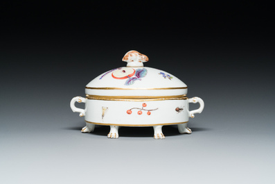 Een ovalen terrine in polychroom Meissen porselein met decor van fruit en insecten, Duitsland, 18e eeuw