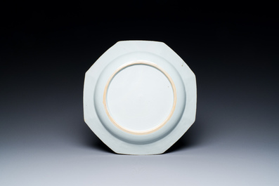 A Chinese octagonal famille rose 'ruby-pink rim' dish, Yongzheng