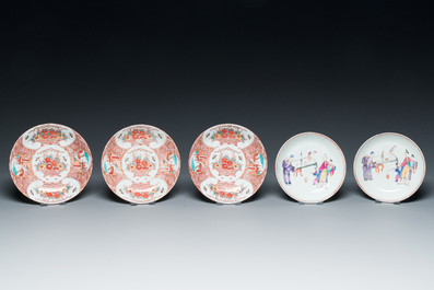 Ten Chinese blue, white, famille rose and Dutch-decorated cups and nine saucers, Kangxi and later