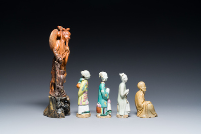 Two Chinese soapstone sculptures and three porcelain figures of ladies, Kangxi and later