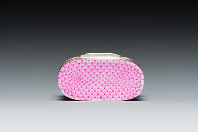 An oval gilt-silver-mounted polychrome Meissen porcelain snuff-box and cover, Germany, 3rd quarter 18th C.