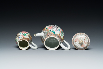 A Chinese famille rose 'pheasants' teapot and milk jug, Yongzheng