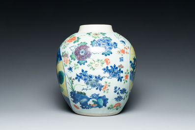 A Chinese wucai 'kylin and sage' jar, Zhao 朝 seal mark, Transitional period