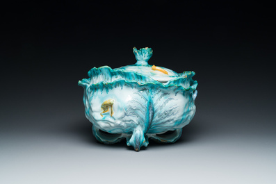 A polychrome Brussels faience 'caterpillars' tureen and cover on a 'butterfly' stand, 18th C.