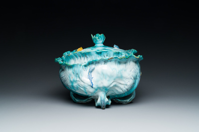 A polychrome Brussels faience 'caterpillars' tureen and cover on a 'butterfly' stand, 18th C.
