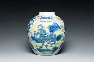 A Chinese wucai 'kylin and sage' jar, Zhao 朝 seal mark, Transitional period