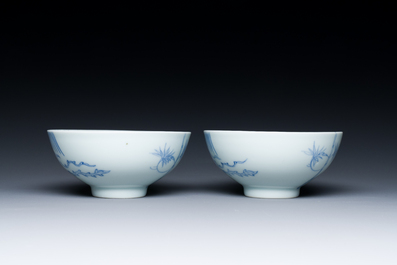 Paire de bols en porcelaine de Chine en bleu et blanc &agrave; d&eacute;cor de ph&eacute;nix, marque et &eacute;poque de Yongzheng