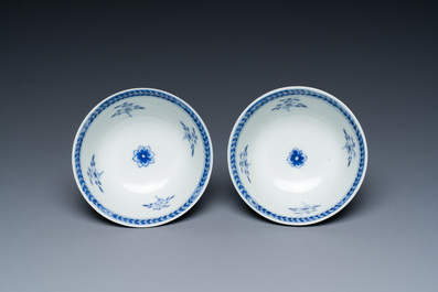 Nine Chinese blue and white 'Madonna and Child' saucers and two cups, Kangxi