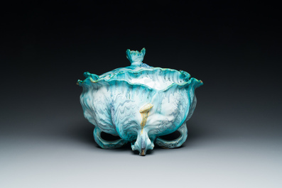 A polychrome Brussels faience 'caterpillars' tureen and cover on a 'butterfly' stand, 18th C.