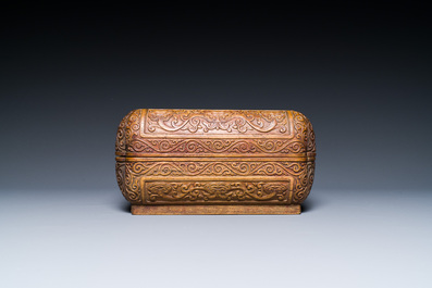 A Chinese rectangular huanghuali wooden box and cover with dragons, 17/18th C.