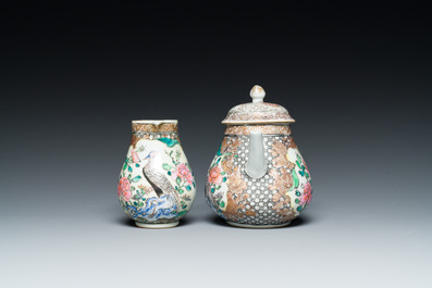 A Chinese famille rose 'pheasants' teapot and milk jug, Yongzheng
