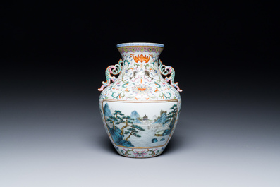 A Chinese famille rose 'hu' vase with fine landscapes, Qianlong mark, 19/20th C.