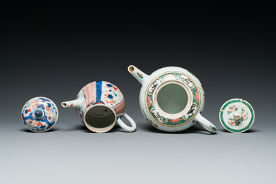 Two Chinese famille verte and Imari-style teapots and two saucers, Kangxi and later