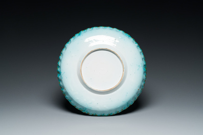 A polychrome Brussels faience 'caterpillars' tureen and cover on a 'butterfly' stand, 18th C.