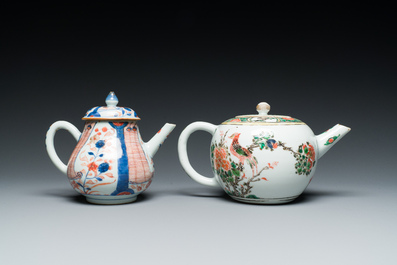 Two Chinese famille verte and Imari-style teapots and two saucers, Kangxi and later