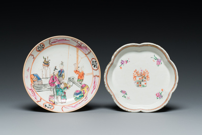 Two Chinese famille verte and Imari-style teapots and two saucers, Kangxi and later