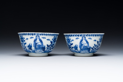 Nine Chinese blue and white 'Madonna and Child' saucers and two cups, Kangxi