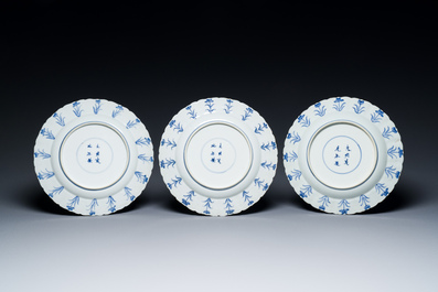 Three Chinese blue and white 'Mongolian hunt' dishes, Chenghua mark, Kangxi