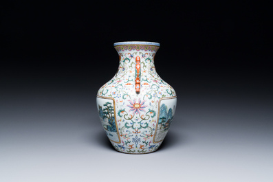 A Chinese famille rose 'hu' vase with fine landscapes, Qianlong mark, 19/20th C.