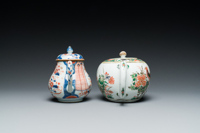 Two Chinese famille verte and Imari-style teapots and two saucers, Kangxi and later