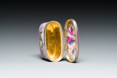 An oval gilt-silver-mounted polychrome Meissen porcelain snuff-box and cover, Germany, 3rd quarter 18th C.