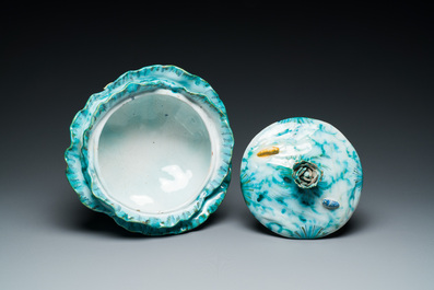 A polychrome Brussels faience 'caterpillars' tureen and cover on a 'butterfly' stand, 18th C.