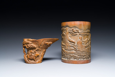 A Chinese bamboo libation cup, a brush pot and three brushes, 19/20th C.