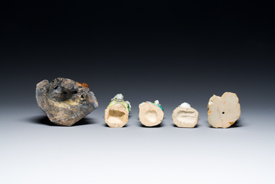 Two Chinese soapstone sculptures and three porcelain figures of ladies, Kangxi and later