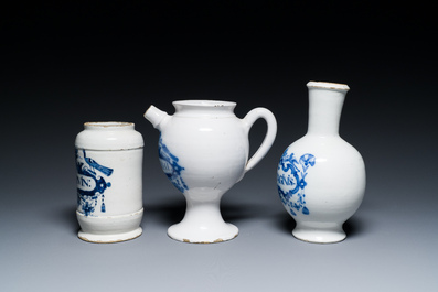 Three Dutch Delft blue and white pharmacy jars, 18th C.