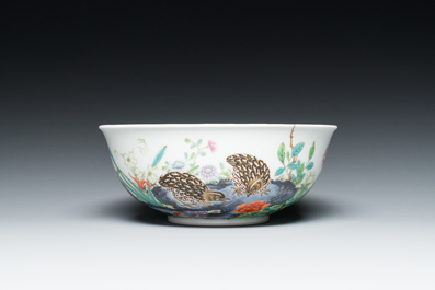 A Chinese famille rose 'quails' bowl, Yongzheng mark, 20th C.