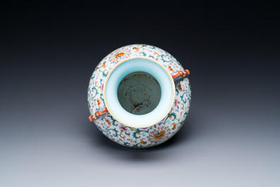 A Chinese famille rose 'hu' vase with fine landscapes, Qianlong mark, 19/20th C.