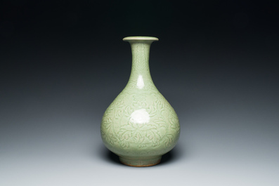 A Chinese Longquan celadon 'yuhuchunping' vase with floral design, Ming