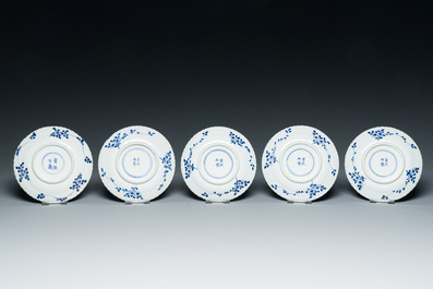 Ten Chinese blue, white, famille rose and Dutch-decorated cups and nine saucers, Kangxi and later