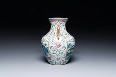 A Chinese famille rose 'hu' vase with fine landscapes, Qianlong mark, 19/20th C.
