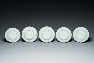 Five Chinese famille rose plates, Yongzheng/Qianlong