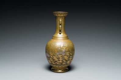 A Chinese gilt- and silver-decorated teadust-glazed vase with bats and cranes among clouds, Qianlong mark, Republic