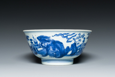 A Chinese blue and white 'mythical beasts' bowl, Shen De Tang Zhi mark, Kangxi