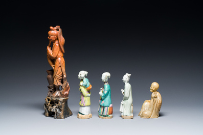 Two Chinese soapstone sculptures and three porcelain figures of ladies, Kangxi and later
