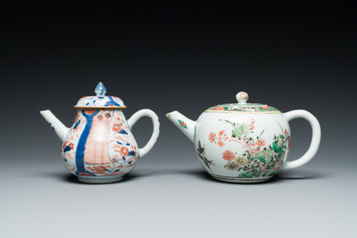 Two Chinese famille verte and Imari-style teapots and two saucers, Kangxi and later