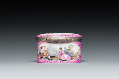 An oval gilt-silver-mounted polychrome Meissen porcelain snuff-box and cover, Germany, 3rd quarter 18th C.